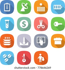 flat vector icon set - clipboard vector, satellite antenna, sun power, battery, vial, dollar coin, scissors, key, plate washing, rocket start, touchscreen, chief hat, coffee seeds, thermometer