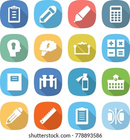 flat vector icon set - clipboard vector, pencil, marker, calculator, bulb head, brain, electrostatic, copybook, test vial, potion bottle, university, ruler, magnetic field