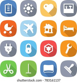 flat vector icon set - clipboard vector, round around, heart, tools, baby stroller, airplane, home, bed, plug, lock, 3d, wrench, scissors, rake, sponge, scraper