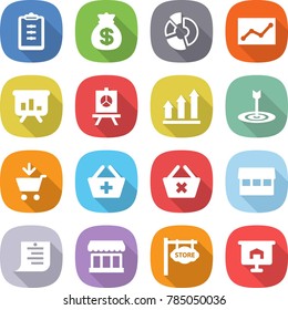 flat vector icon set - clipboard vector, money bag, circle diagram, statistics, presentation, graph up, target, add to cart, basket, delete, market, shopping list, store signboard