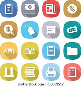 flat vector icon set - clipboard vector, money, newspaper, percent, dollar arrow, label, atm receipt, ticket, project, documents, cargo top sign, towels, printer, list