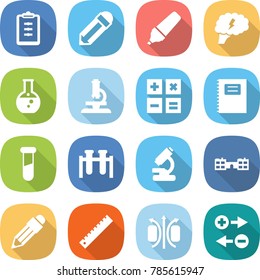 flat vector icon set - clipboard vector, pencil, marker, brain, round flask, microscope, calculator, copybook, test vial, school, ruler, magnetic field, charge particle