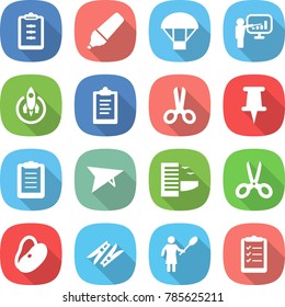 flat vector icon set - clipboard vector, marker, parachute, presentation, rocket, scissors, pin, deltaplane, hotel, beans, clothespin, woman with duster, list