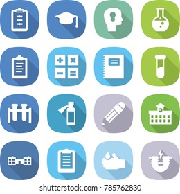flat vector icon set - clipboard vector, graduate hat, bulb head, round flask, calculator, copybook, test vial, potion bottle, pencil, university, school, acid, electric magnet