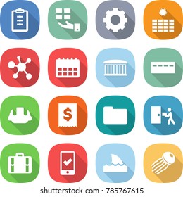 flat vector icon set - clipboard vector, gift, gear, sun power, virus, calendar, airport building, bunker, helmet, tax, documents, courier delivery, suitcase, mobile checking, shark flipper