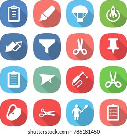 flat vector icon set - clipboard vector, marker, parachute, rocket, up down arrow, funnel, scissors, pin, deltaplane, welding, beans, woman with duster, list