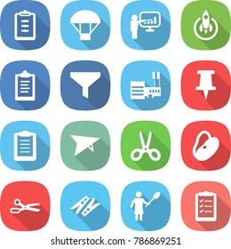 flat vector icon set - clipboard vector, parachute, presentation, rocket, funnel, mall, pin, deltaplane, scissors, beans, clothespin, woman with duster, list
