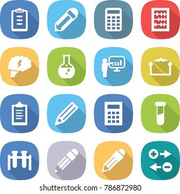 flat vector icon set - clipboard vector, pencil, calculator, abacus, brain, round flask, presentation, electrostatic, test vial, charge particle