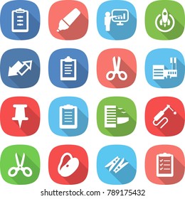 flat vector icon set - clipboard vector, marker, presentation, rocket, up down arrow, scissors, mall, pin, hotel, welding, beans, clothespin, list