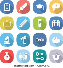 flat vector icon set - clipboard vector, marker, graduate hat, brain, electrostatic, pencil, test vial, microscope, potion bottle, school, acid, chemical, magnetic field, charge particle
