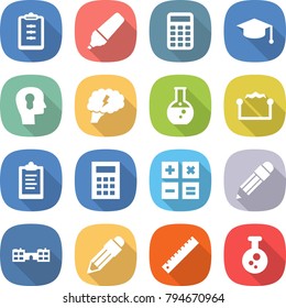 flat vector icon set - clipboard vector, marker, calculator, graduate hat, bulb head, brain, round flask, electrostatic, pencil, school, ruler, chemical