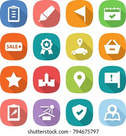 flat vector icon set - clipboard vector, marker, flag, calendar, sale, medal, car pointer, remove from basket, star, castle, geo pin, important, pen, sun potection, protected, map