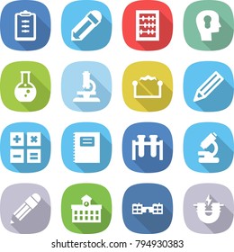 flat vector icon set - clipboard vector, pencil, abacus, bulb head, round flask, microscope, electrostatic, calculator, copybook, test vial, university, school, electric magnet