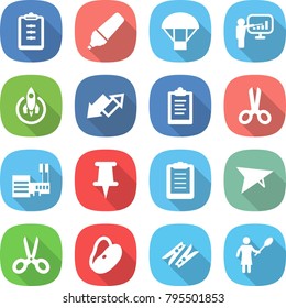 flat vector icon set - clipboard vector, marker, parachute, presentation, rocket, up down arrow, scissors, mall, pin, deltaplane, beans, clothespin, woman with duster