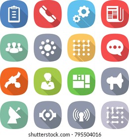 flat vector icon set - clipboard vector, phone, gear, newspaper, group, round around, chip, balloon, satellite, support manager, consolidated cargo, loudspeaker, antenna, connect, circuit