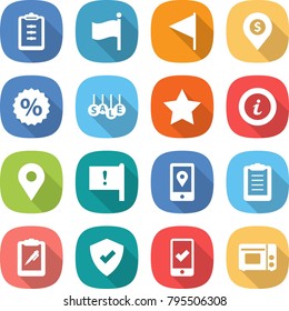flat vector icon set - clipboard vector, flag, dollar pin, percent, sale, star, info, geo, important, mobile location, pen, protected, checking, grill oven