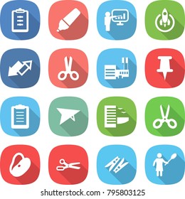 flat vector icon set - clipboard vector, marker, presentation, rocket, up down arrow, scissors, mall, pin, deltaplane, hotel, beans, clothespin, woman with duster