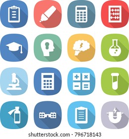 flat vector icon set - clipboard vector, marker, calculator, abacus, graduate hat, bulb head, brain, round flask, microscope, test vial, potion bottle, school, electric magnet