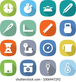 flat vector icon set - clock vector, stopwatch, scales, medical thermometer, ruler, heavy, sand, warehouse, barometer, measuring cup, kitchen, handle