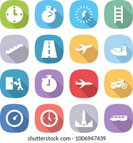 flat vector icon set - clock vector, stopwatch, lightning, ladder, stairs, road, plane, sea shipping, courier delivery, motorcycle, barometer, watch, rocket start, speed train