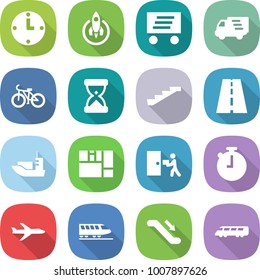 flat vector icon set - clock vector, rocket, delivery, bike, sand, stairs, road, sea shipping, consolidated cargo, courier, stopwatch, plane, train, escalator, speed