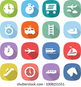 flat vector icon set - clock vector, stopwatch, delivery, journey, ambulance car, ladder, sea shipping, plane, train, sail boat, escalator, watch, speed, horse