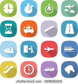 flat vector icon set - clock vector, stopwatch, rocket, journey, sand, ambulance car, stairs, road, sea shipping, courier delivery, plane, train, escalator, watch, speed, horse