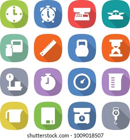 flat vector icon set - clock vector, alarm, market scales, weight, ruler, heavy, sand, warehouse, stopwatch, barometer, measuring cup, kitchen, handle