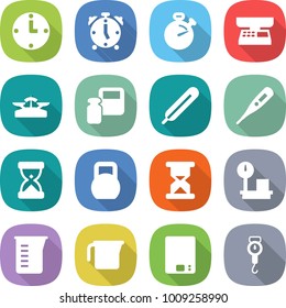 flat vector icon set - clock vector, alarm, stopwatch, market scales, weight, medical thermometer, sand, heavy, warehouse, measuring cup, kitchen, handle