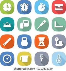 flat vector icon set - clock vector, alarm, stopwatch, market scales, weight, medical thermometer, ruler, heavy, sand, warehouse, barometer, measuring cup, handle