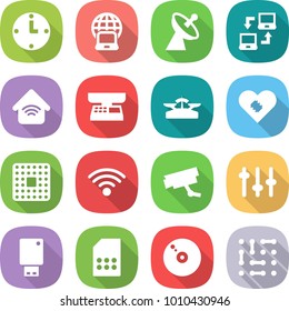 flat vector icon set - clock vector, notebook globe, satellite antenna, connect, wireless home, market scales, pacemaker, cpu, surveillance camera, setup, usb flash, sim card, cd, circuit