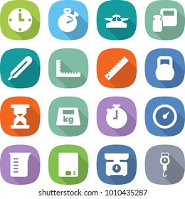 flat vector icon set - clock vector, stopwatch, scales, weight, medical thermometer, ruler, heavy, sand, barometer, measuring cup, kitchen, handle