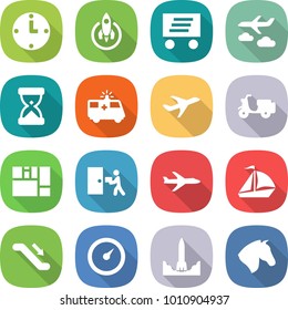 flat vector icon set - clock vector, rocket, delivery, journey, sand, ambulance car, plane, scooter shipping, consolidated cargo, courier, sail boat, escalator, barometer, start, horse