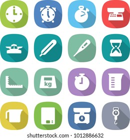 flat vector icon set - clock vector, alarm, stopwatch, market scales, medical thermometer, sand, ruler, heavy, measuring cup, kitchen, handle