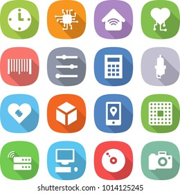 flat vector icon set - clock vector, chip, wireless home, cardio, bar code, equalizer, calculator, spark plug, pacemaker, 3d, mobile location, cpu, server, computer, cd, camera