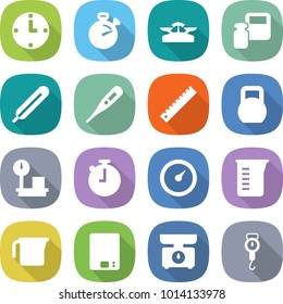 flat vector icon set - clock vector, stopwatch, scales, weight, medical thermometer, ruler, heavy, warehouse, barometer, measuring cup, kitchen, handle