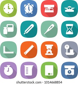 flat vector icon set - clock vector, alarm, market scales, weight, medical thermometer, sand, ruler, warehouse, stopwatch, measuring cup, kitchen
