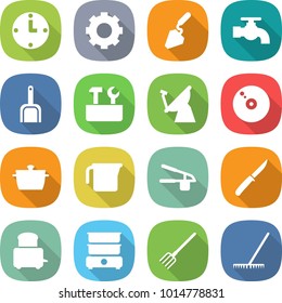 flat vector icon set - clock vector, gear, construction, water tap, scoop, repair tools, satellite antenna, cd, pan, measuring cup, garlic clasp, knife, toaster, double boiler, fork, rake