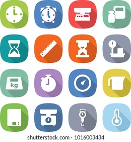 flat vector icon set - clock vector, alarm, market scales, weight, sand, ruler, warehouse, heavy, stopwatch, barometer, measuring cup, kitchen, handle, thermometer