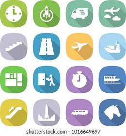 flat vector icon set - clock vector, rocket, delivery, journey, stairs, road, plane, sea shipping, consolidated cargo, courier, stopwatch, train, escalator, start, speed, horse