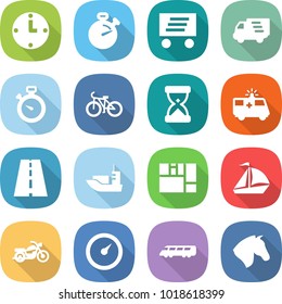 flat vector icon set - clock vector, stopwatch, delivery, bike, sand, ambulance car, road, sea shipping, consolidated cargo, sail boat, motorcycle, barometer, speed train, horse