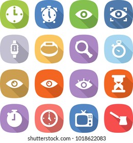 flat vector icon set - clock vector, alarm, eye, identity, smart watch, bracelet, magnifier, stopwatch, sand, tv, turk