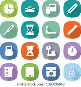 flat vector icon set - clock vector, scales, weight, medical thermometer, sand, ruler, heavy, warehouse, stopwatch, measuring cup, kitchen