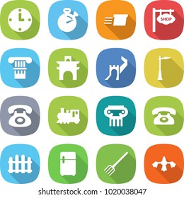 flat vector icon set - clock vector, stopwatch, delivery, shop signboard, column, arch, greate wall, outdoor light, phone, train, antique, fence, fridge, fork, hard reach place cleaning