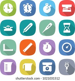 flat vector icon set - clock vector, alarm, stopwatch, market scales, medical thermometer, sand, ruler, barometer, measuring cup, kitchen, handle