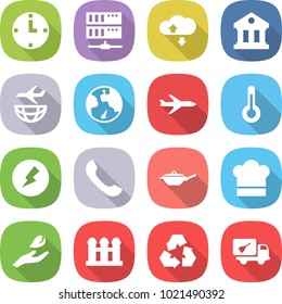 flat vector icon set - clock vector, server, cloud service, library, plane shipping, earth, thermometer, electricity, phone, pan, cook hat, hand leaf, grain elevator, recycling, home call cleaning