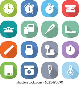 flat vector icon set - clock vector, alarm, stopwatch, market scales, weight, medical thermometer, ruler, heavy, warehouse, kitchen, handle