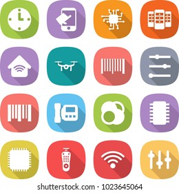flat vector icon set - clock vector, touch, chip, server, wireless home, drone, bar code, equalizer, intercome, atom core, cpu, remote control, setup