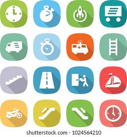 flat vector icon set - clock vector, stopwatch, rocket, delivery, ambulance car, ladder, stairs, road, courier, sail boat, motorcycle, escalator, watch