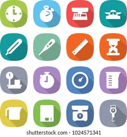 flat vector icon set - clock vector, stopwatch, market scales, medical thermometer, ruler, sand, warehouse, barometer, measuring cup, kitchen, handle